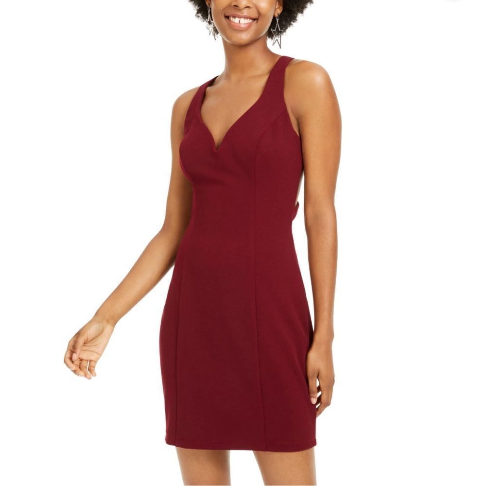 B DARLIN Womens Burgundy Zippered Sleeveless V Neck Short Cocktail Mini Dress